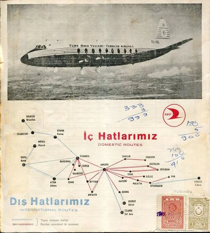 THY’nin 1957 tarifesi… En uzak uçuş noktası: Batıda Brüksel, doğuda Tebriz